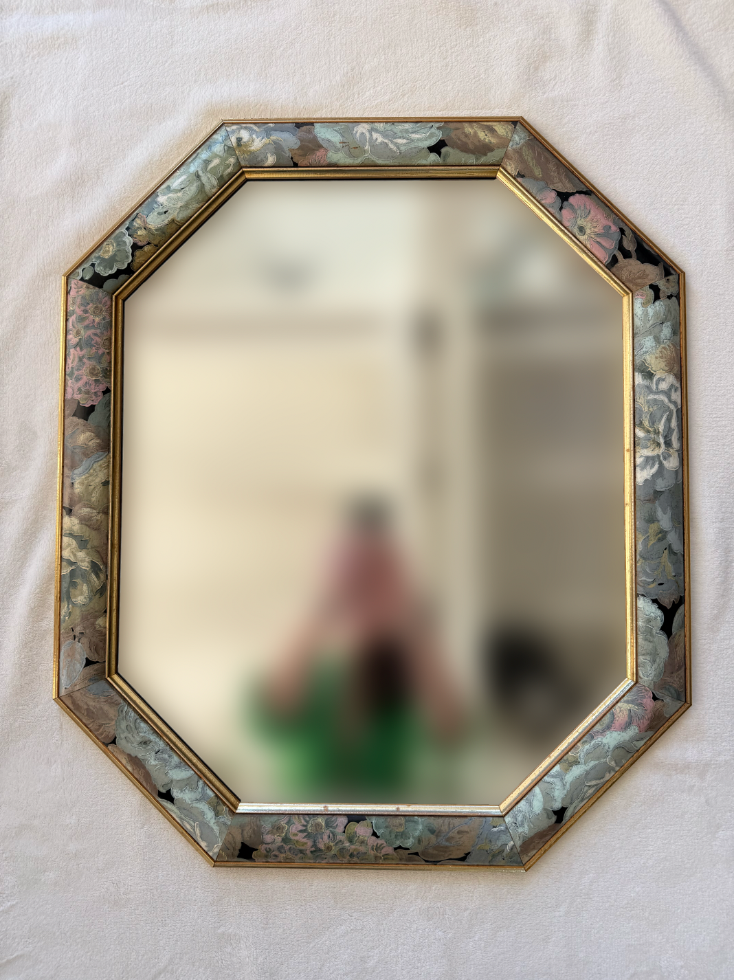 Grand miroir vintage octogonal en bois avec fleurs peintes à la main #1