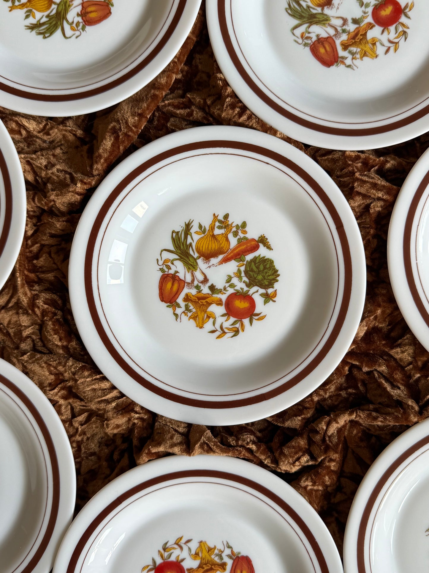 Huit assiettes à dessert Arcopal motif légumes années 70-80