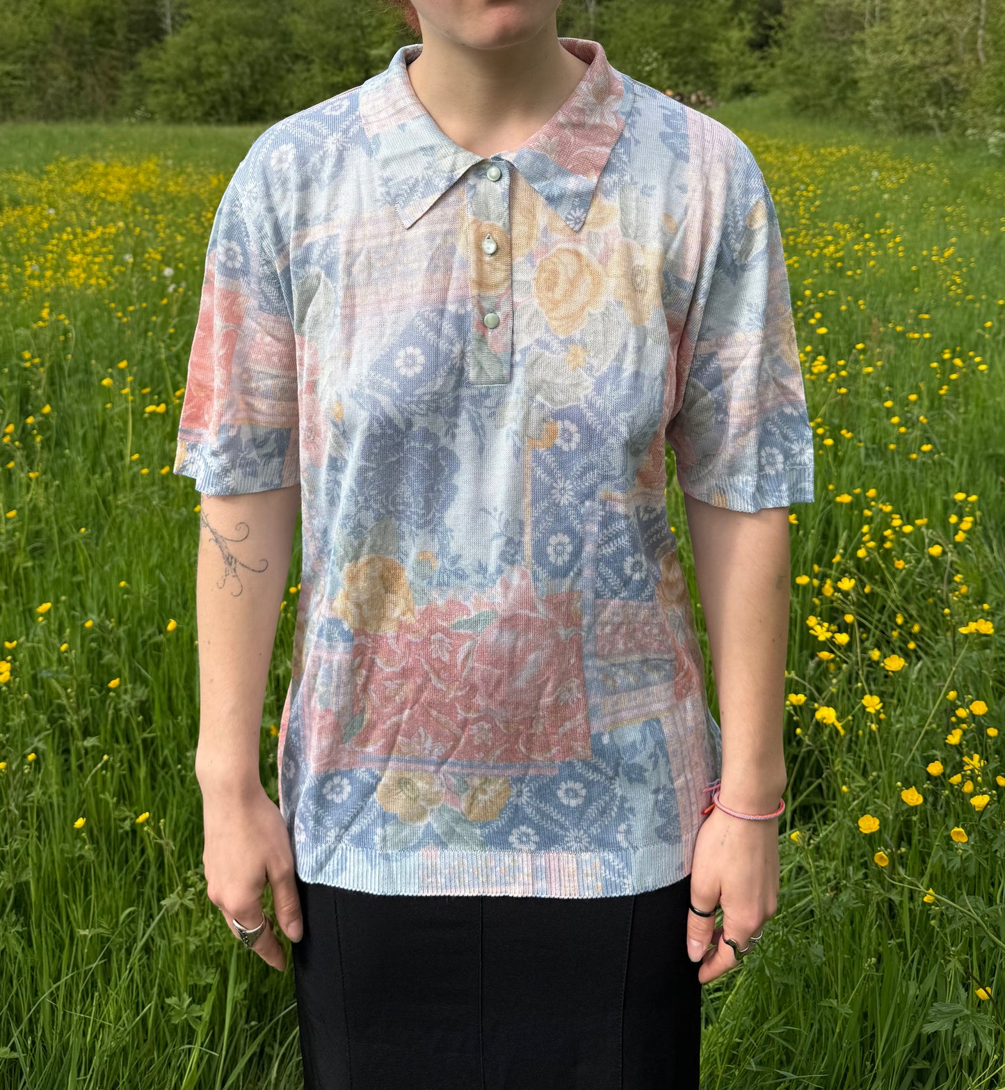 T-shirt vintage fleuri en maille Janine Pauporté T.M-L-XL