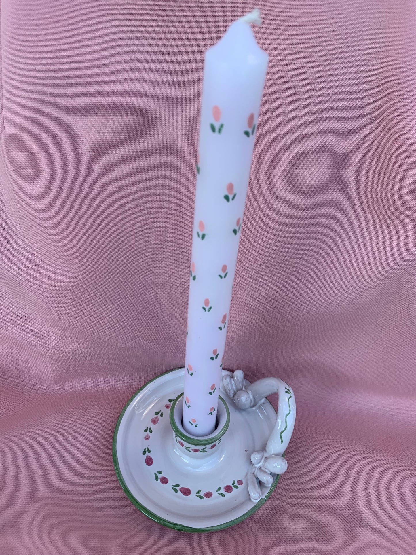 Bougeoir vintage fleurs roses & vertes