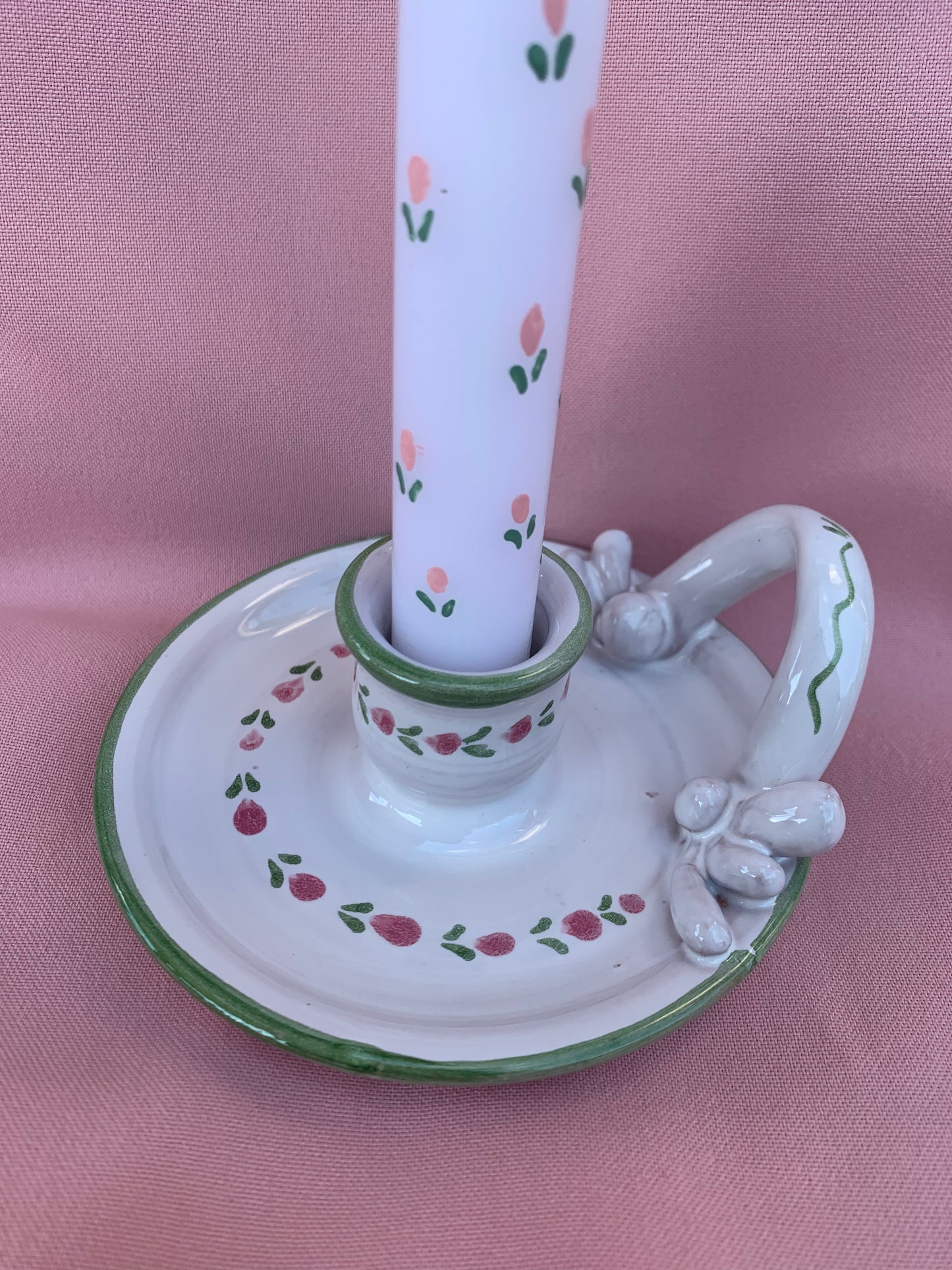 Bougeoir vintage fleurs roses & vertes