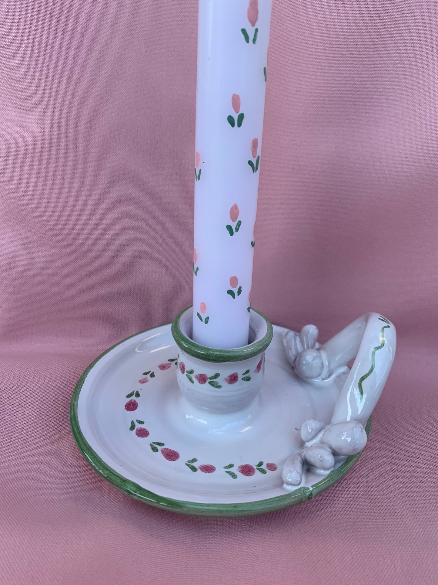 Bougeoir vintage fleurs roses & vertes