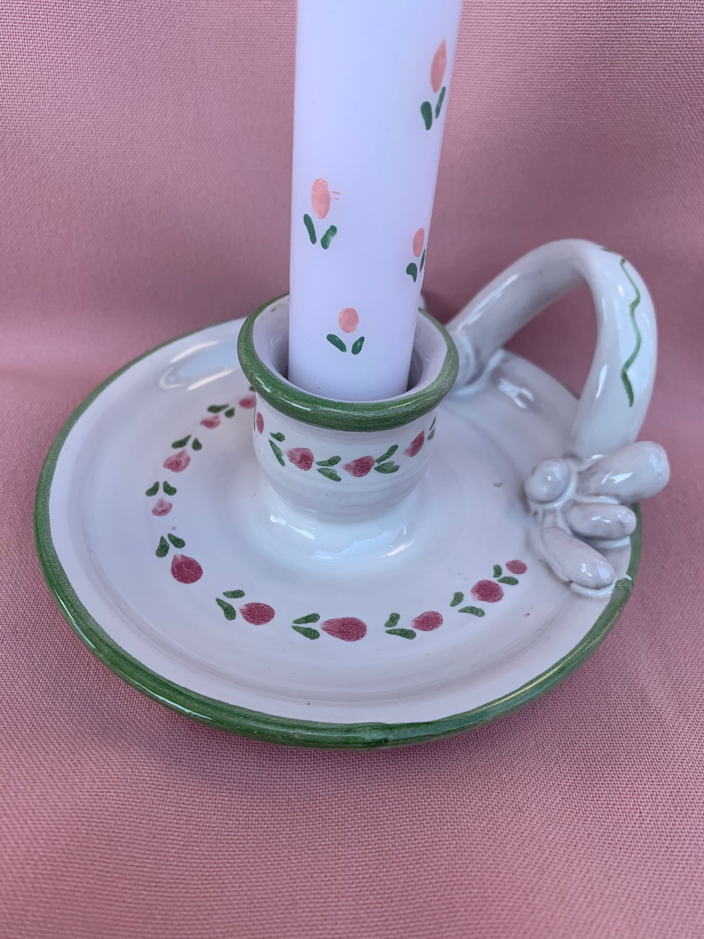 Bougeoir vintage fleurs roses & vertes
