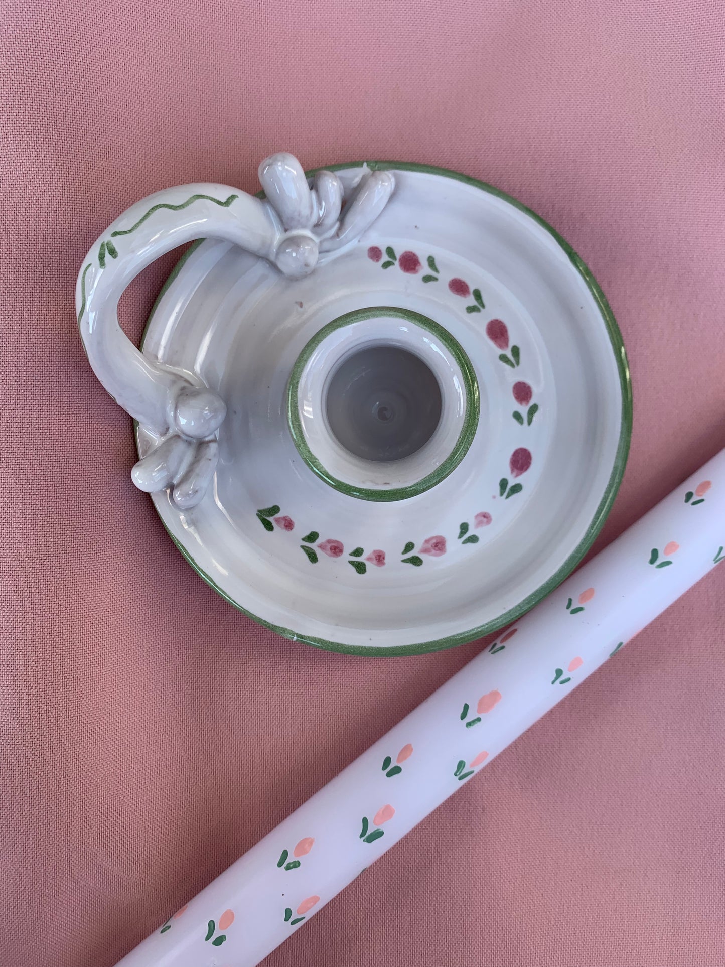 Bougeoir vintage fleurs roses & vertes