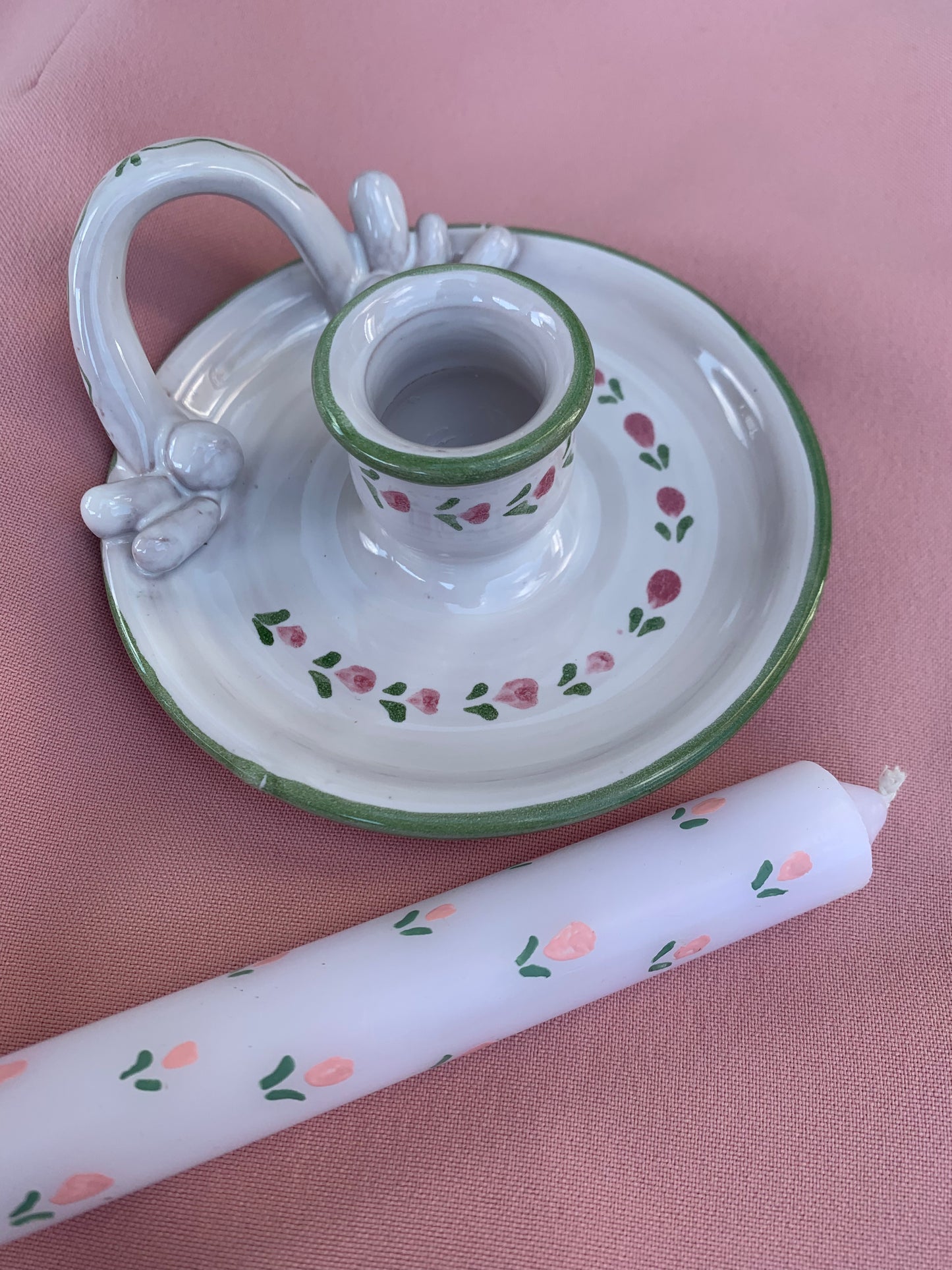 Bougeoir vintage fleurs roses & vertes