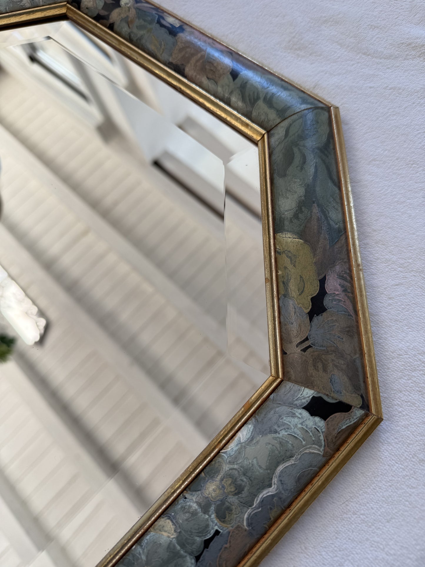 Grand miroir vintage octogonal en bois avec fleurs peintes à la main #2