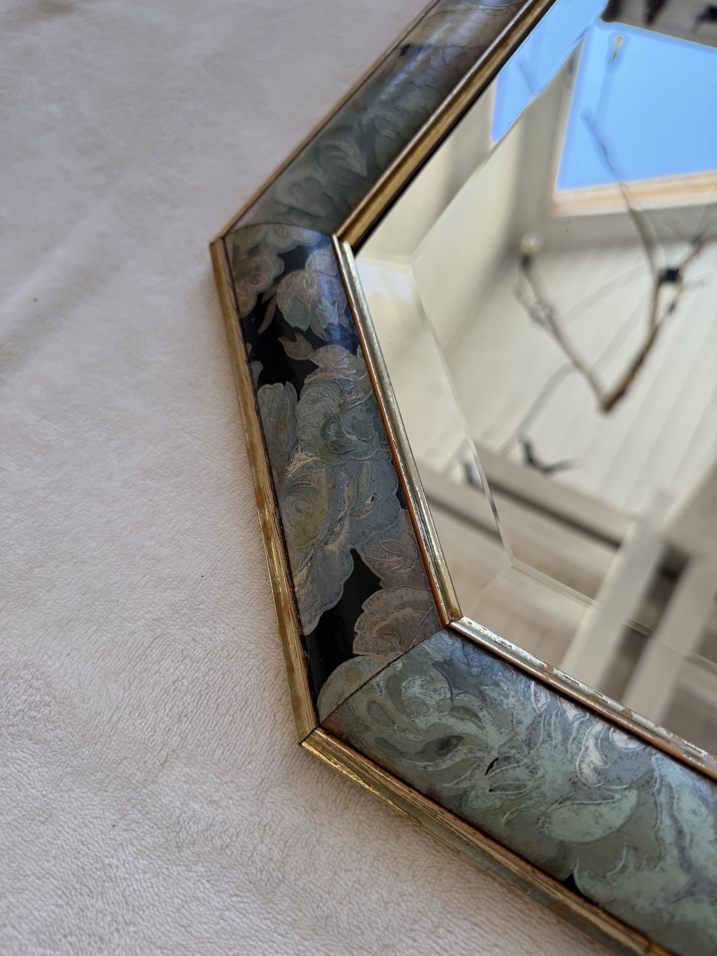 Grand miroir vintage octogonal en bois avec fleurs peintes à la main #2