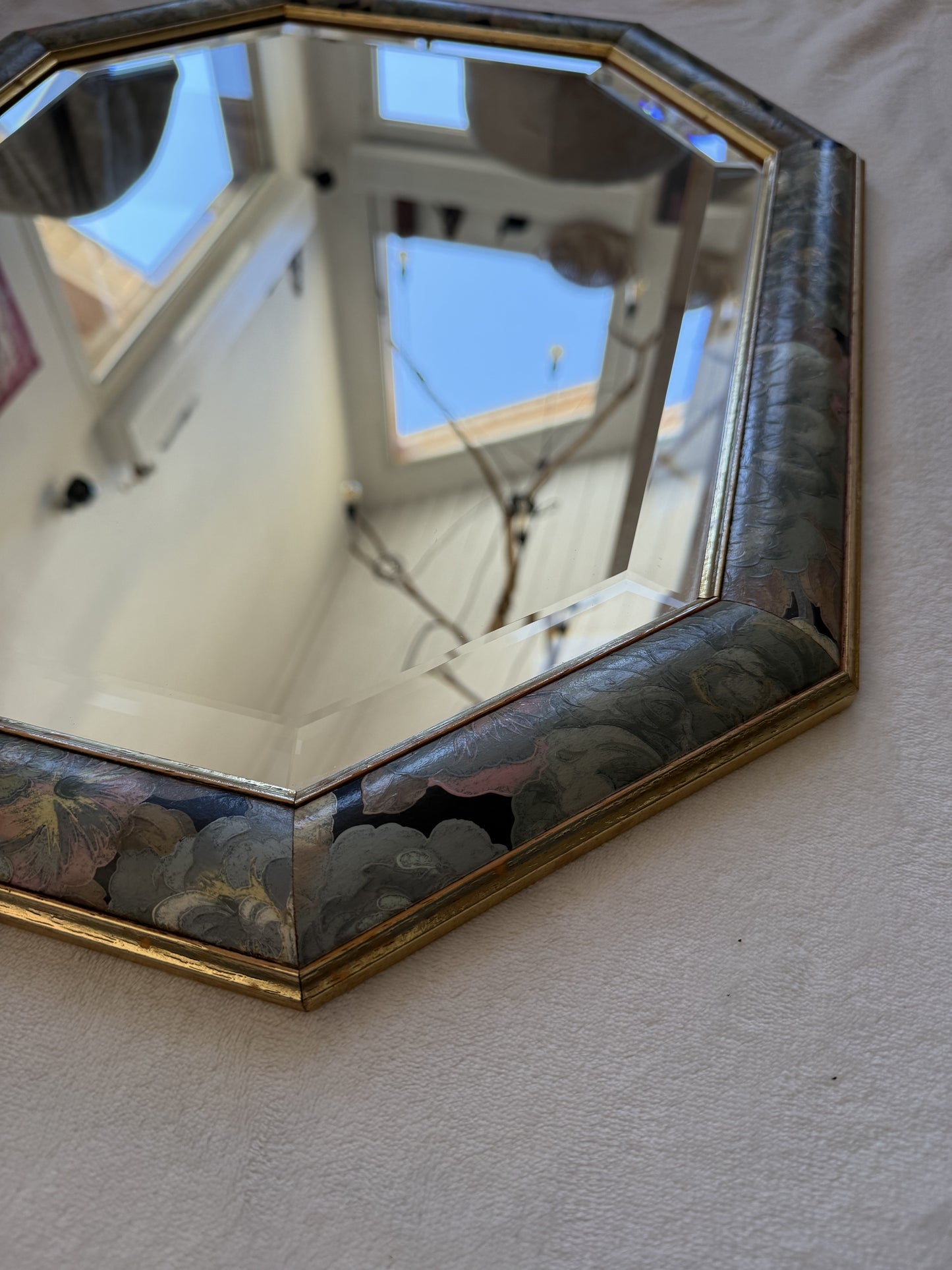 Grand miroir vintage octogonal en bois avec fleurs peintes à la main #2