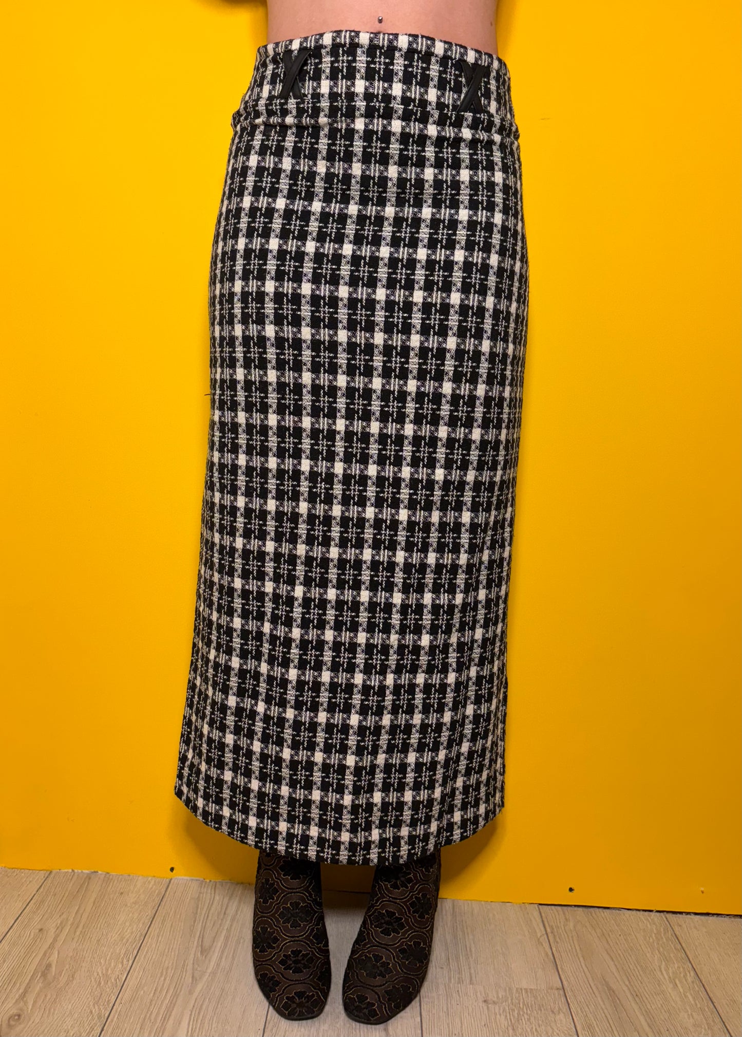 Jupe longue Mimona en tweed motif pied de poule revisité T.38