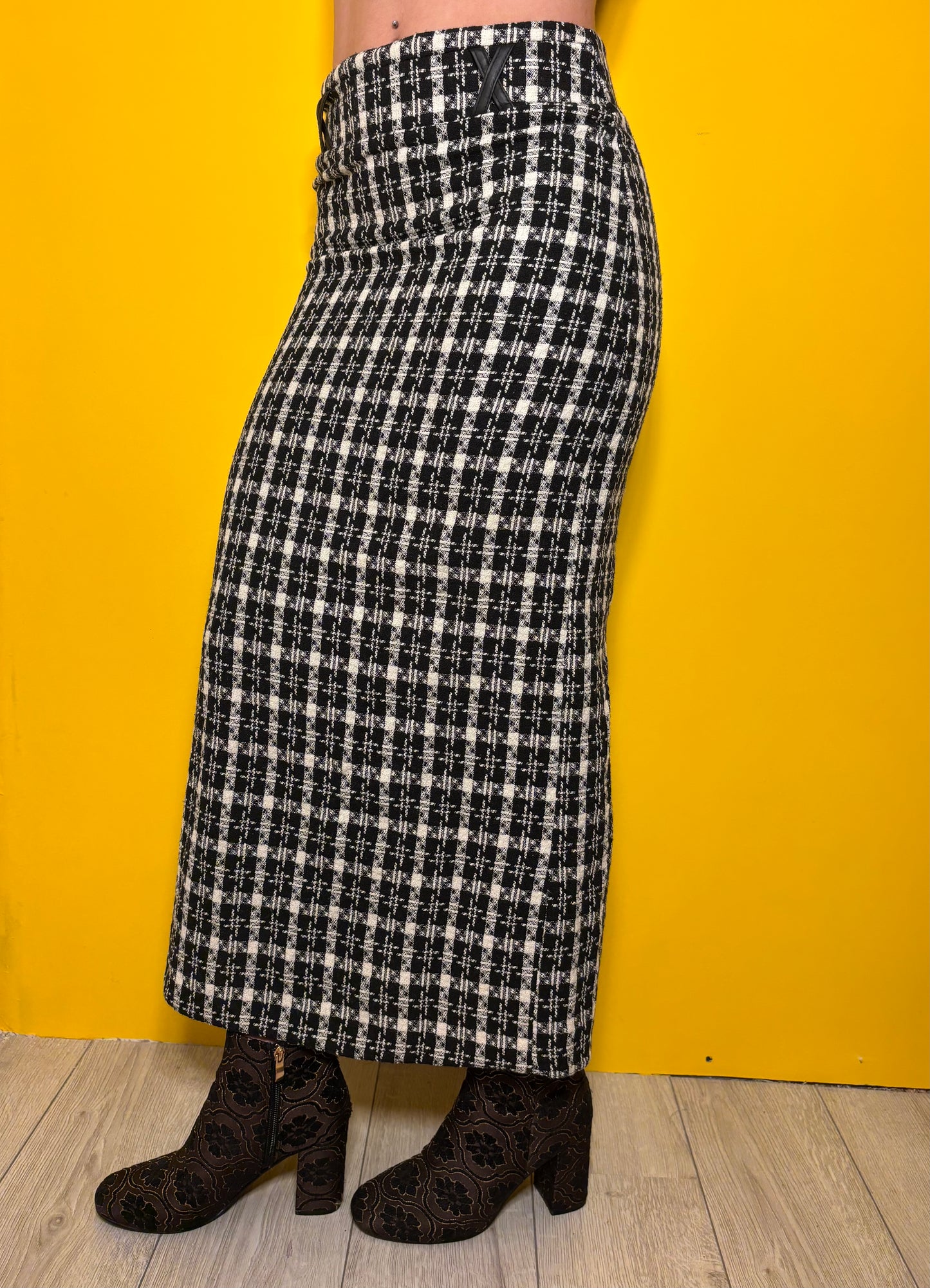 Jupe longue Mimona en tweed motif pied de poule revisité T.38