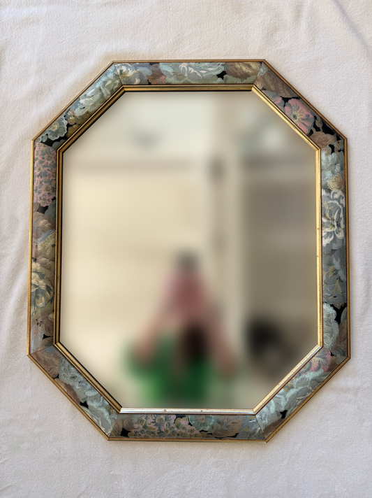 Grand miroir vintage octogonal en bois avec fleurs peintes à la main #1