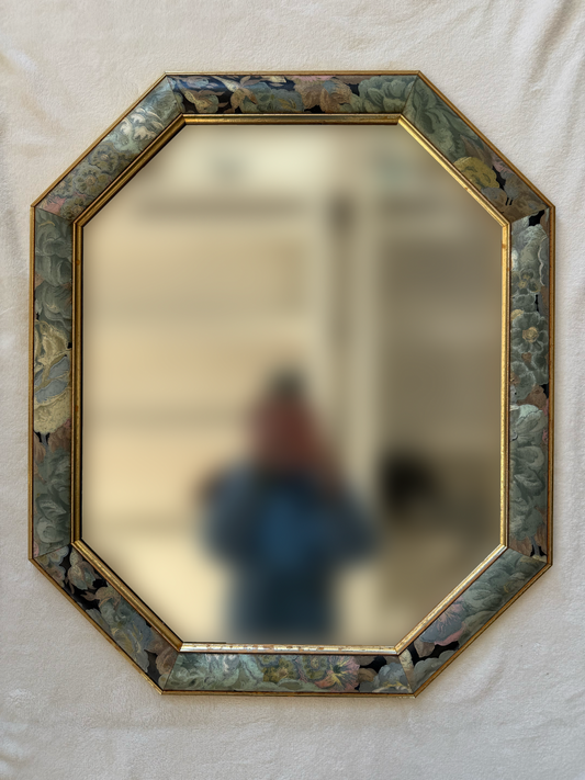 Grand miroir vintage octogonal en bois avec fleurs peintes à la main #2