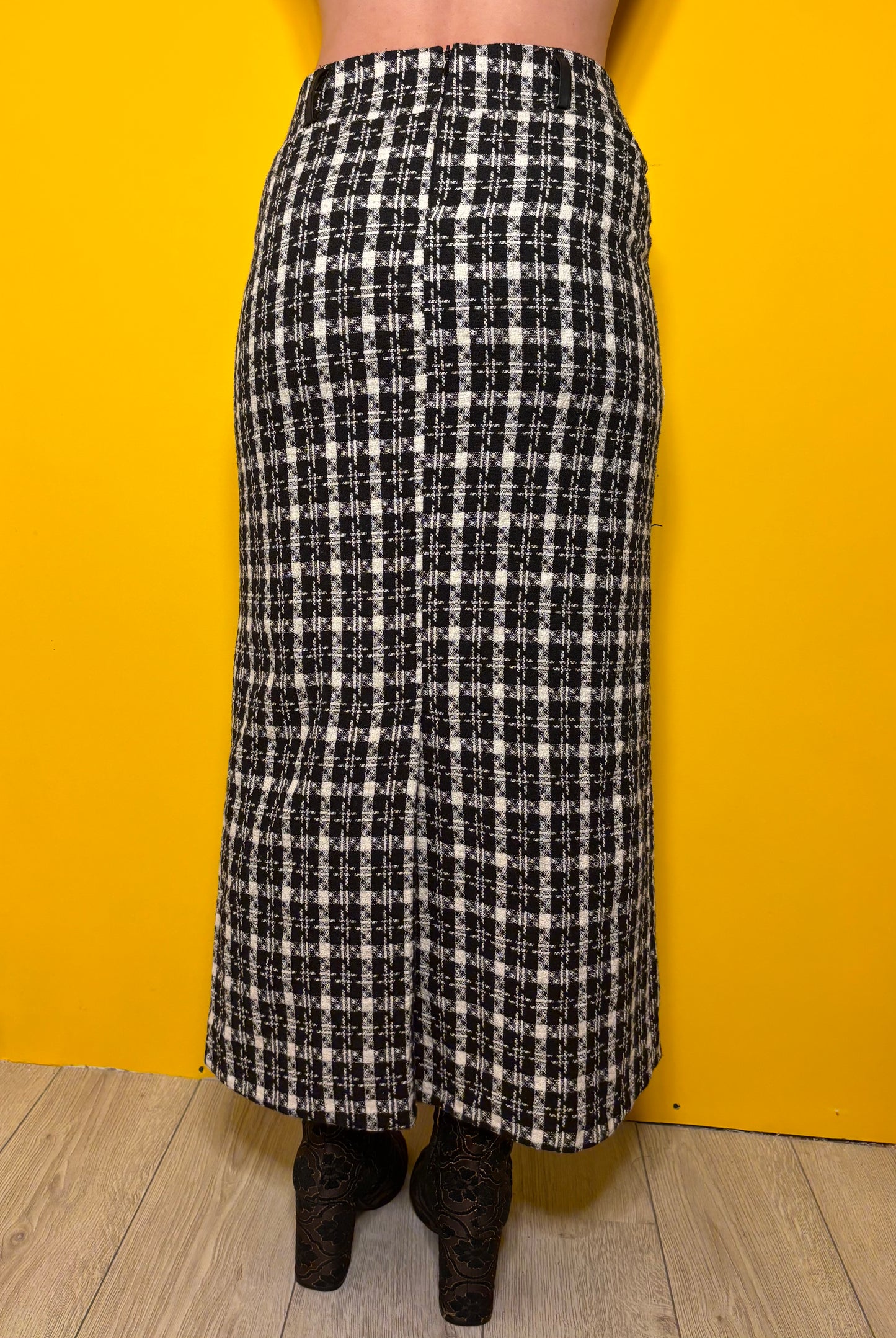 Jupe longue Mimona en tweed motif pied de poule revisité T.38