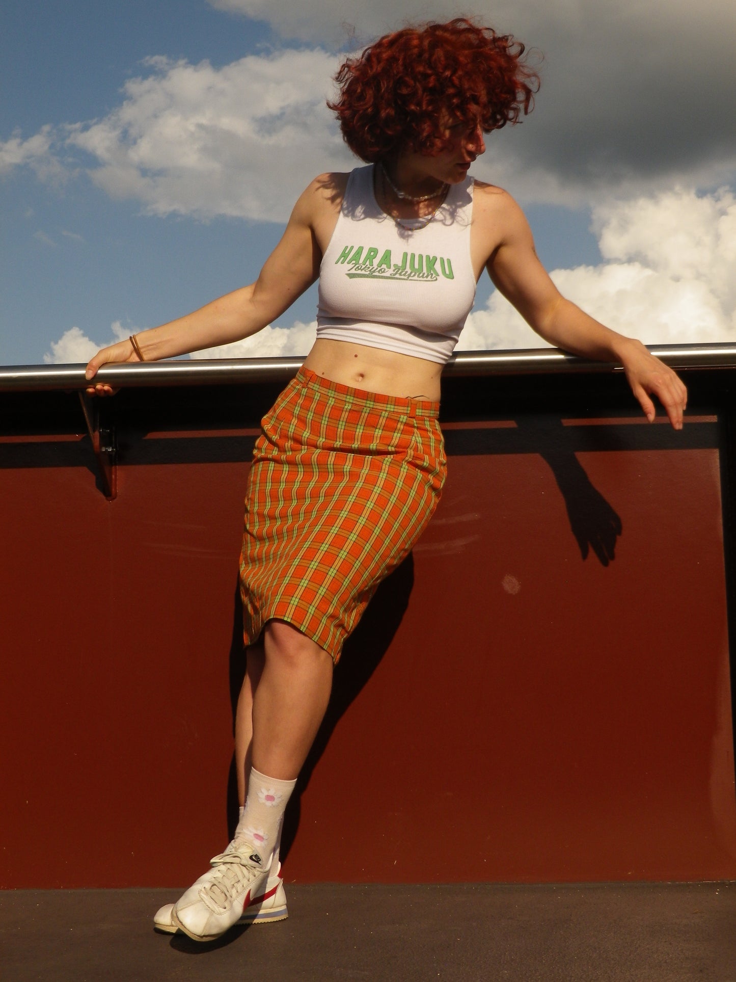 Jupe mi-longue orange & verte à carreaux T.36 / 38