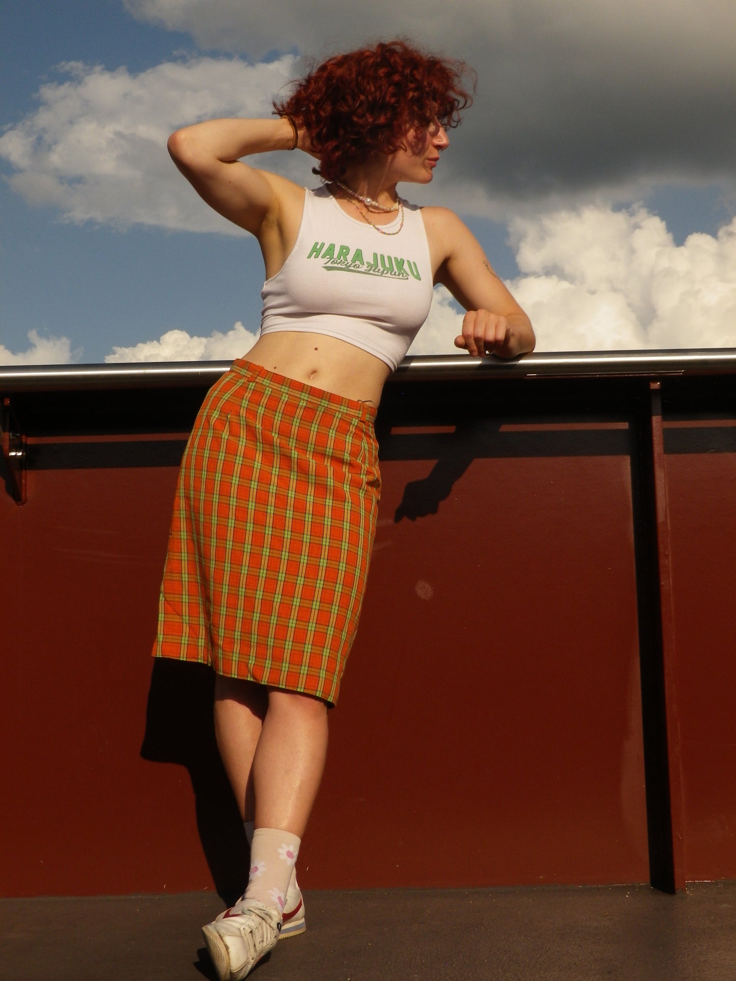 Jupe mi-longue orange & verte à carreaux T.36 / 38