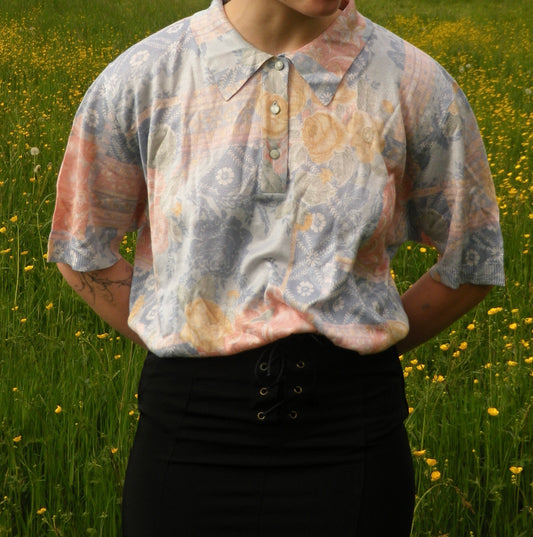 T-shirt vintage fleuri en maille Janine Pauporté T.M-L-XL