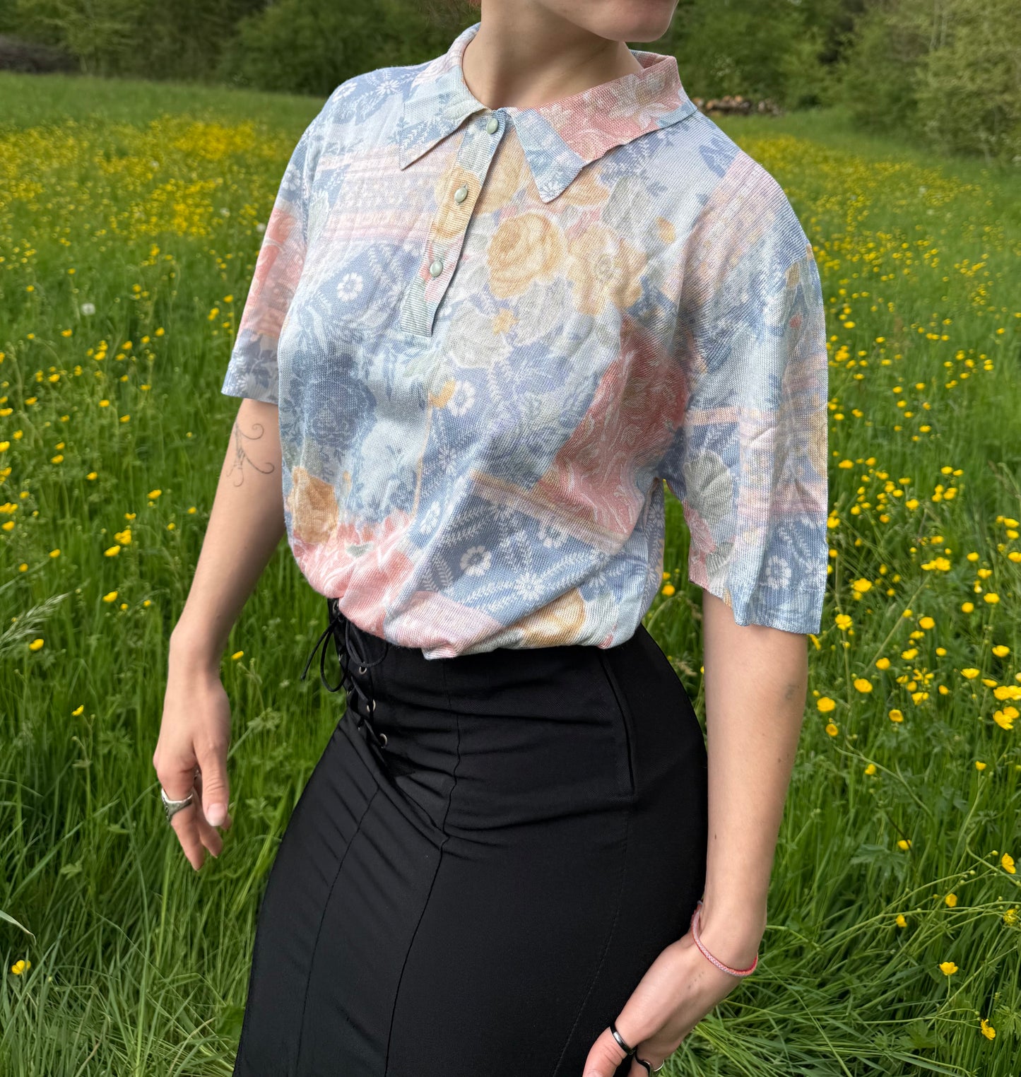 T-shirt vintage fleuri en maille Janine Pauporté T.M-L-XL