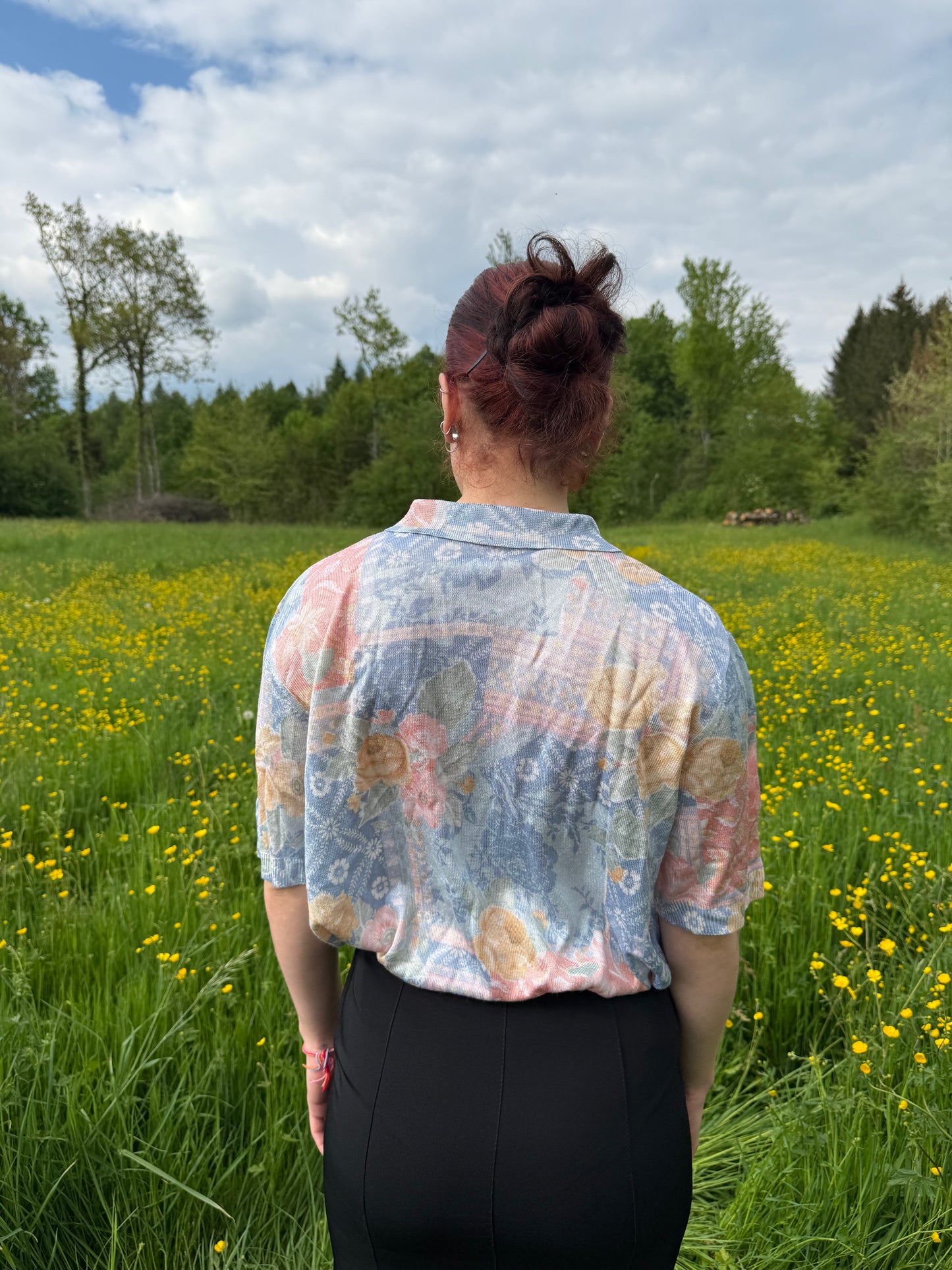 T-shirt vintage fleuri en maille Janine Pauporté T.M-L-XL