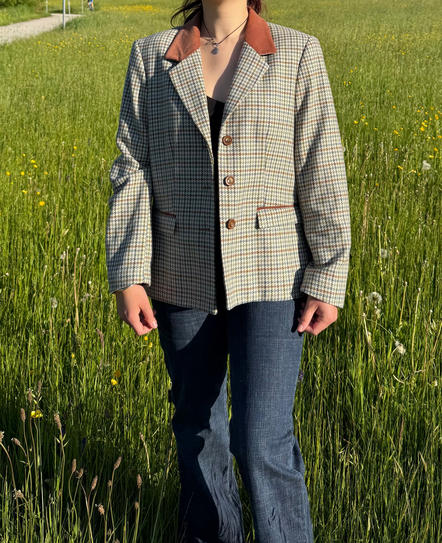 Veste motif pied de poule col en velours Solfin Tradition T.M