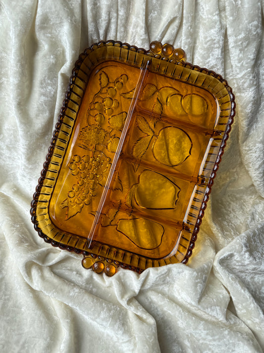 Plateau en verre jaune / ambré compartimenté Indiana Carnival Glass