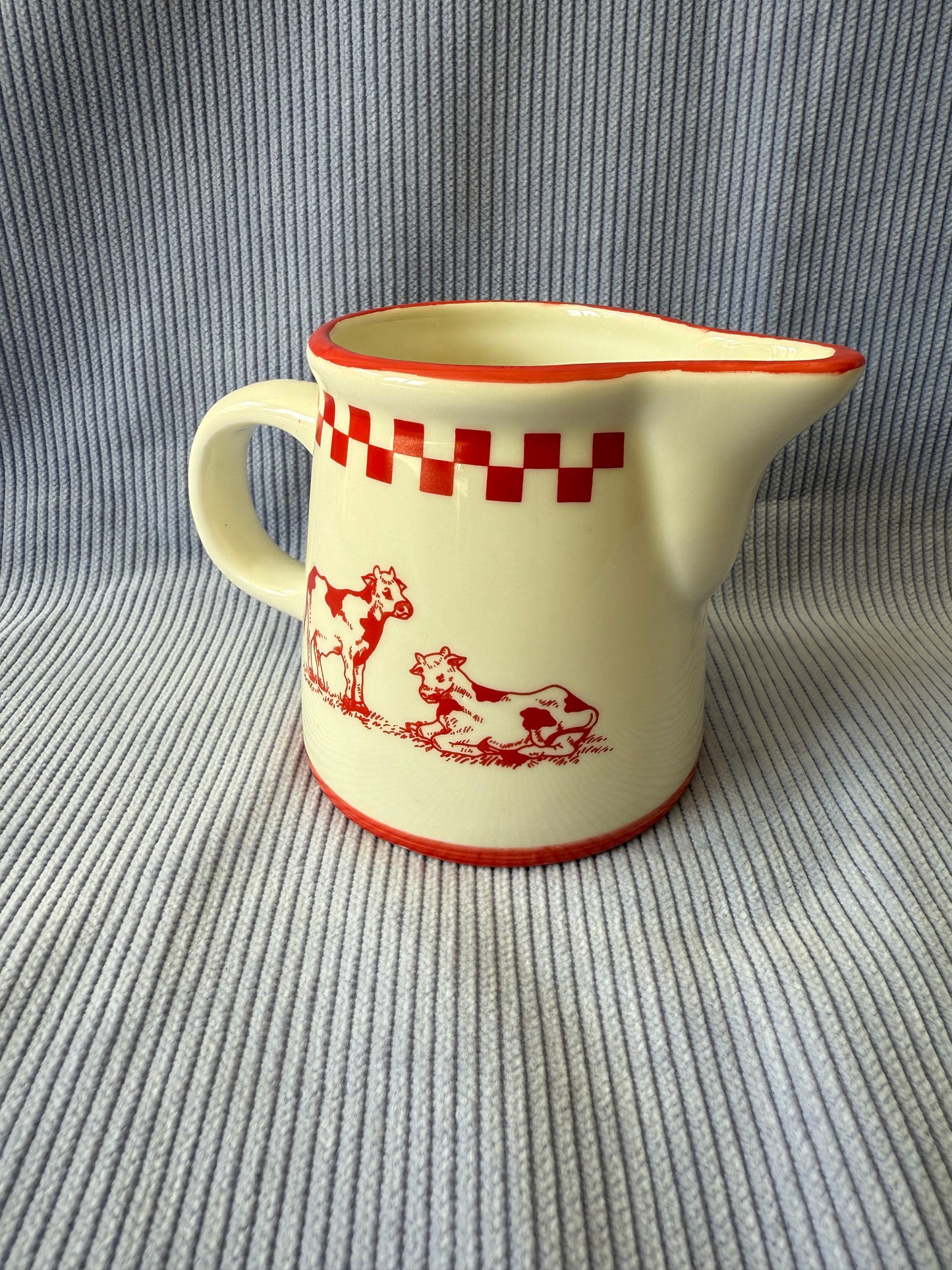 Pot à crème / lait vintage en céramique motif vichy et vaches