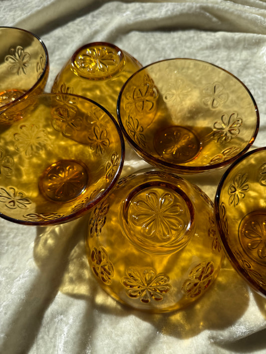 Six bols Vereco Daisy Flower en verre ambré 70s