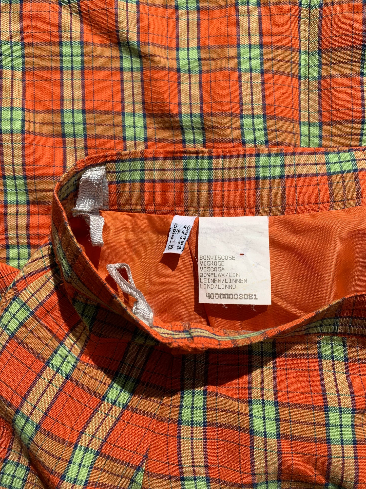 Jupe mi-longue orange & verte à carreaux T.36 / 38