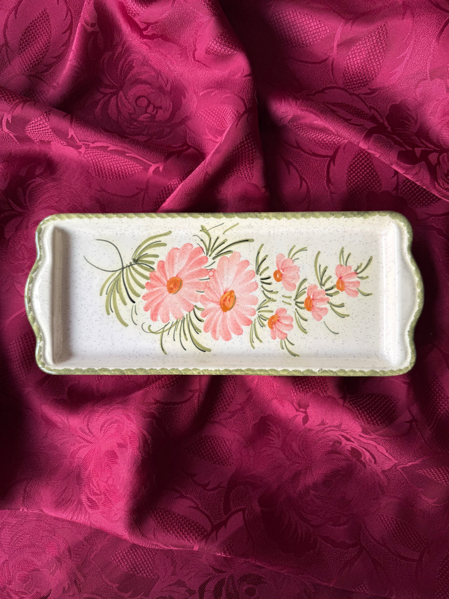 Plat à cake rectangulaire en céramique Atelier Branchard peintures fleurs