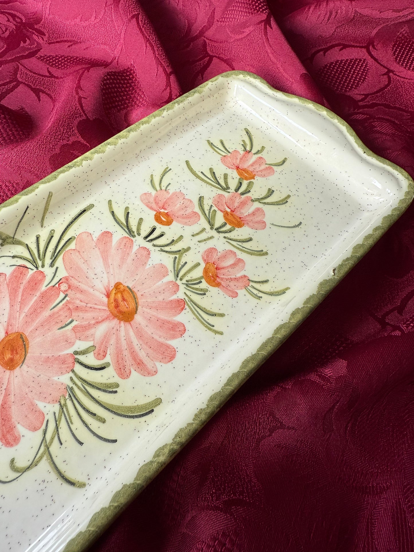 Plat à cake rectangulaire en céramique Atelier Branchard peintures fleurs