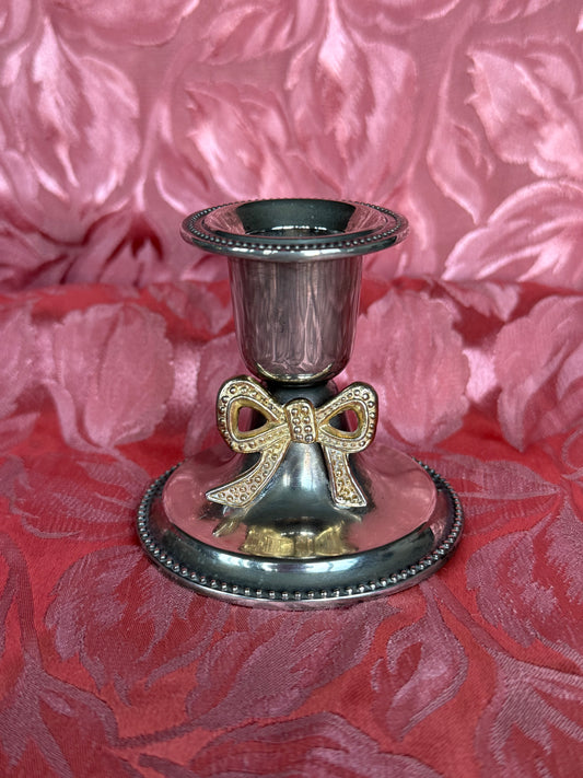 Bougeoir vintage en métal argenté et noeud doré