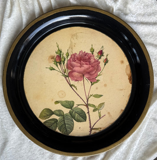 Plateau rond métallique ancien avec dessin de rose