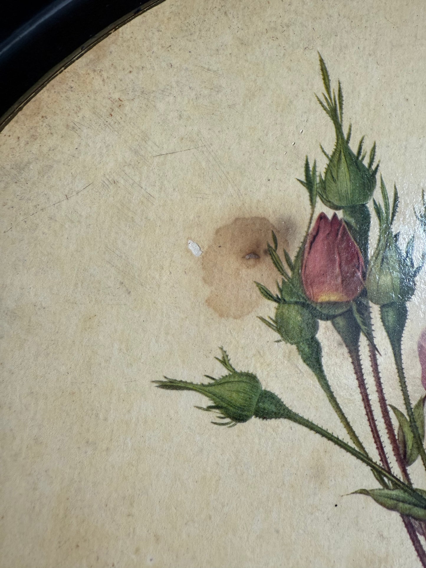 Plateau rond métallique ancien avec dessin de rose