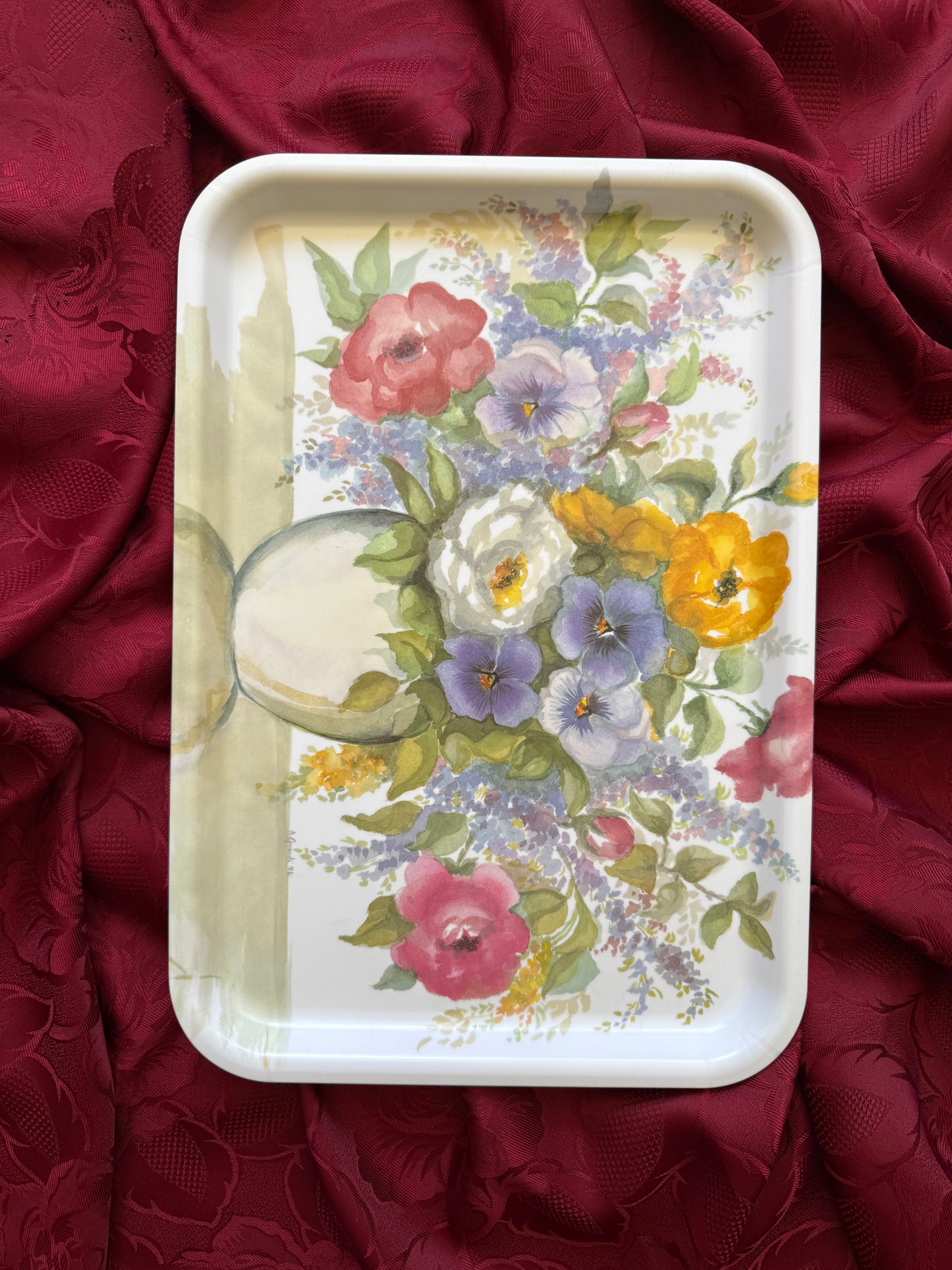 Plateau vintage en plastique mélaminé dessin fleurs Made in Italy signé A.Girardi 92