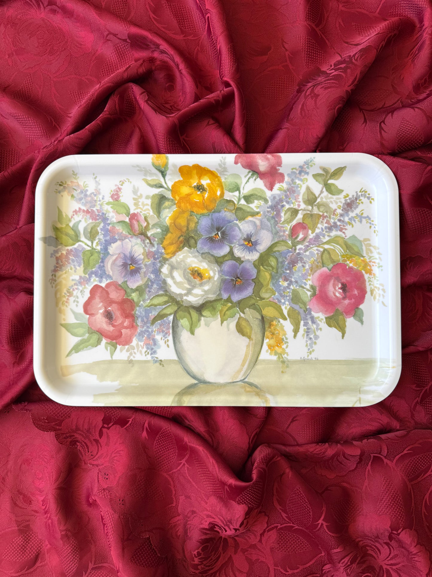 Plateau vintage en plastique mélaminé dessin fleurs Made in Italy signé A.Girardi 92