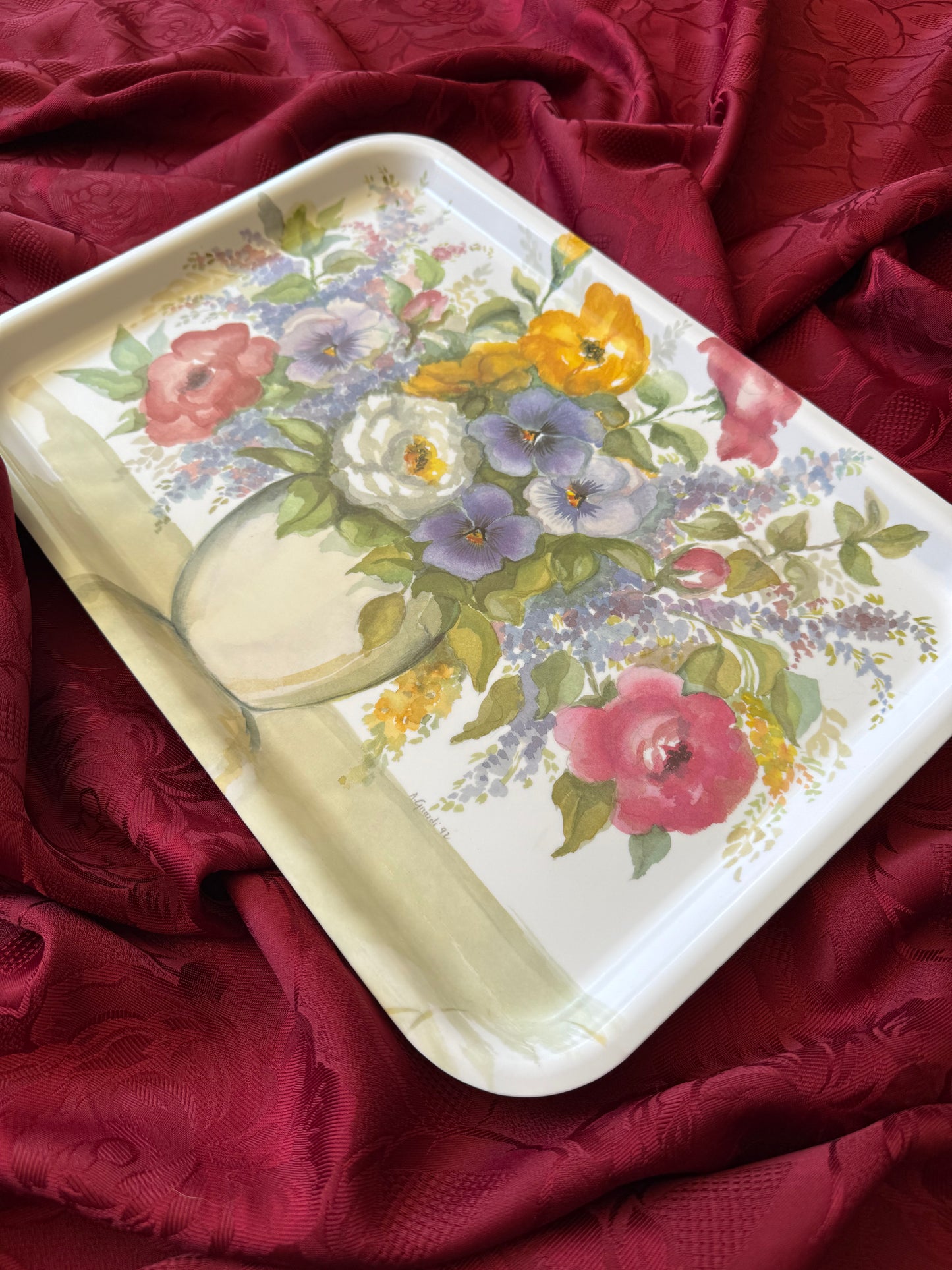 Plateau vintage en plastique mélaminé dessin fleurs Made in Italy signé A.Girardi 92