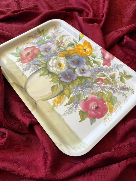 Plateau vintage en plastique mélaminé dessin fleurs Made in Italy signé A.Girardi 92