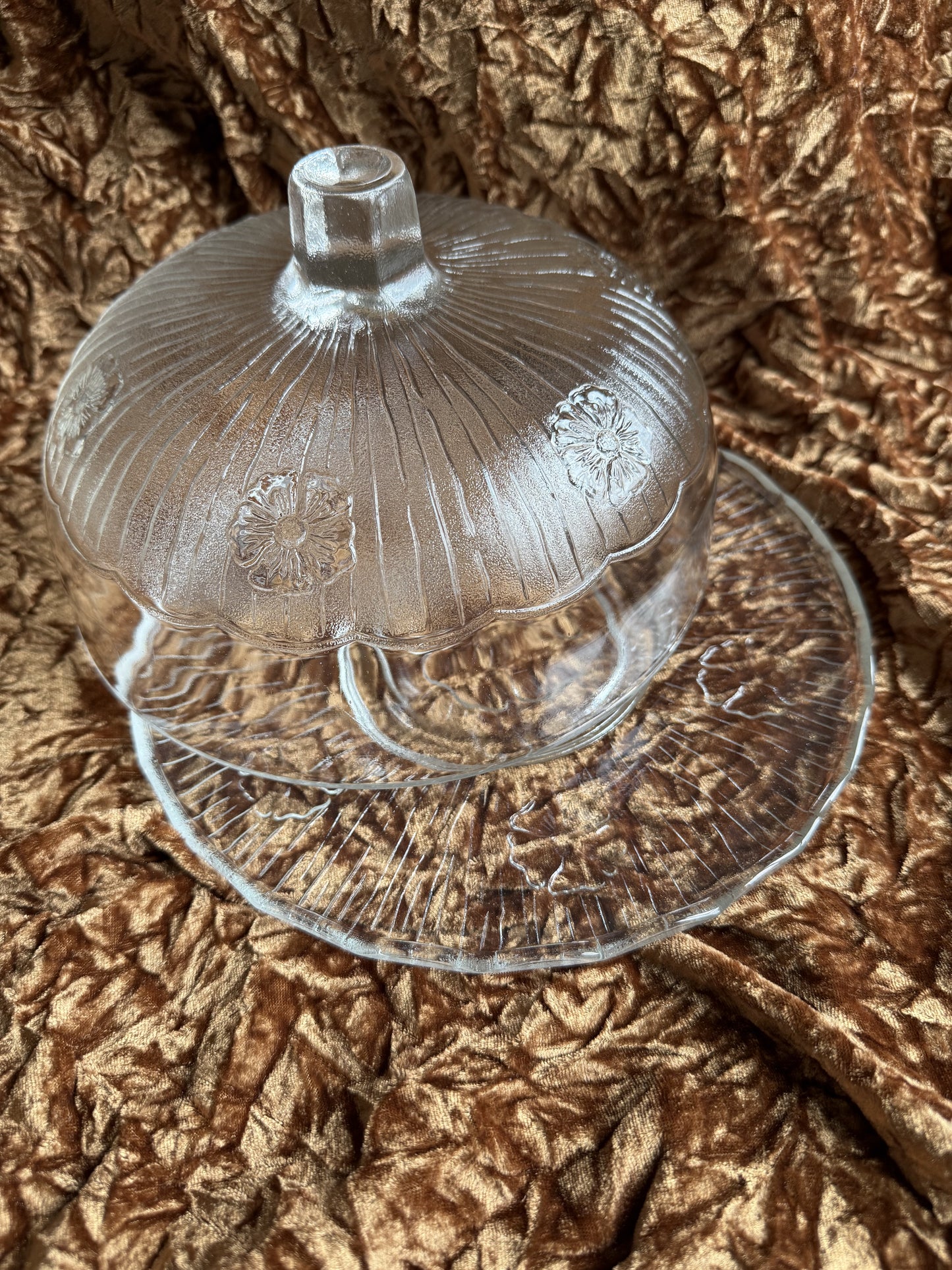 Cloche à gâteaux fleurie en verre