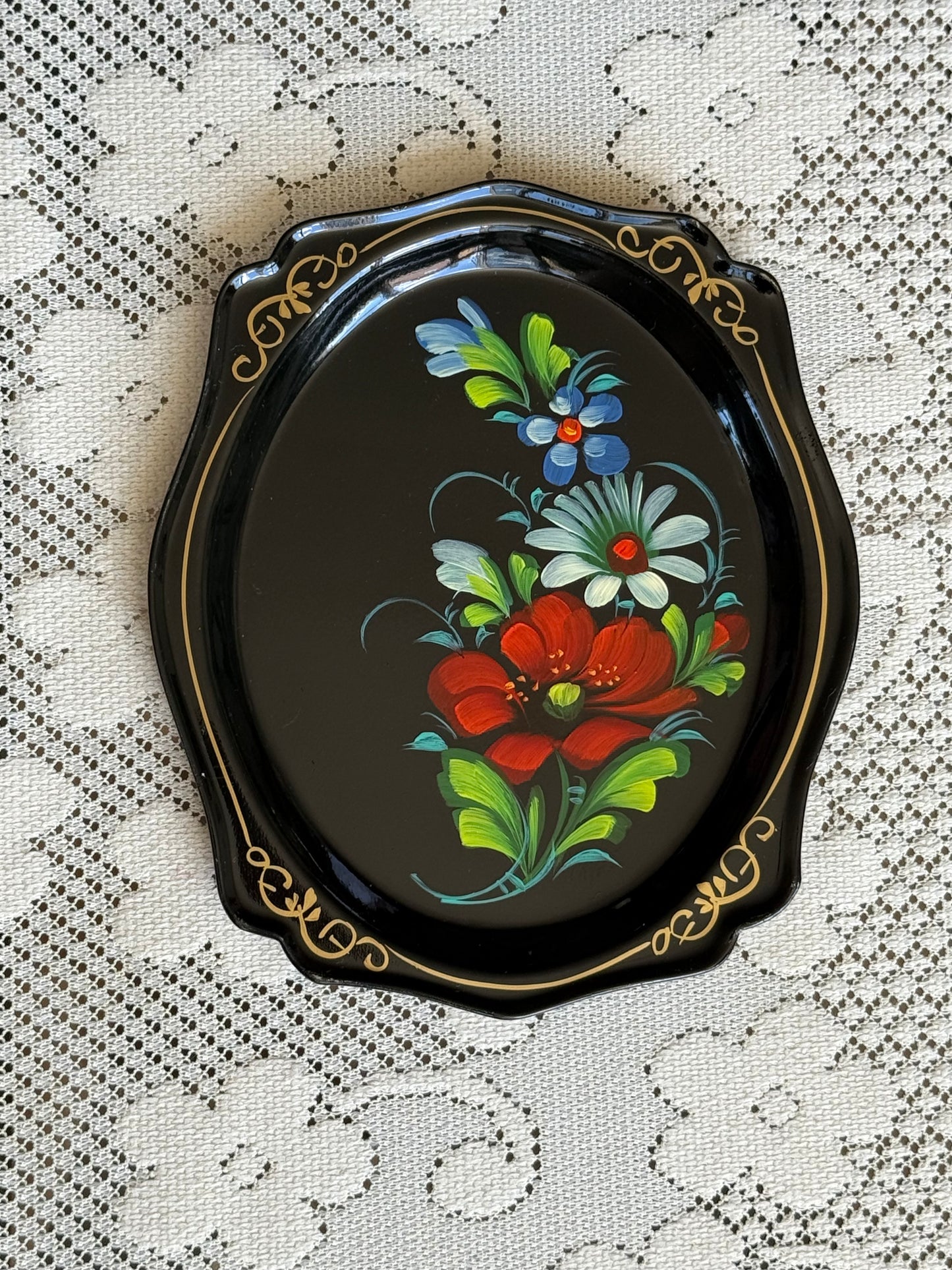 Petit plateau vintage en métal Llena (Yeha) fleurs peintes à la main #2