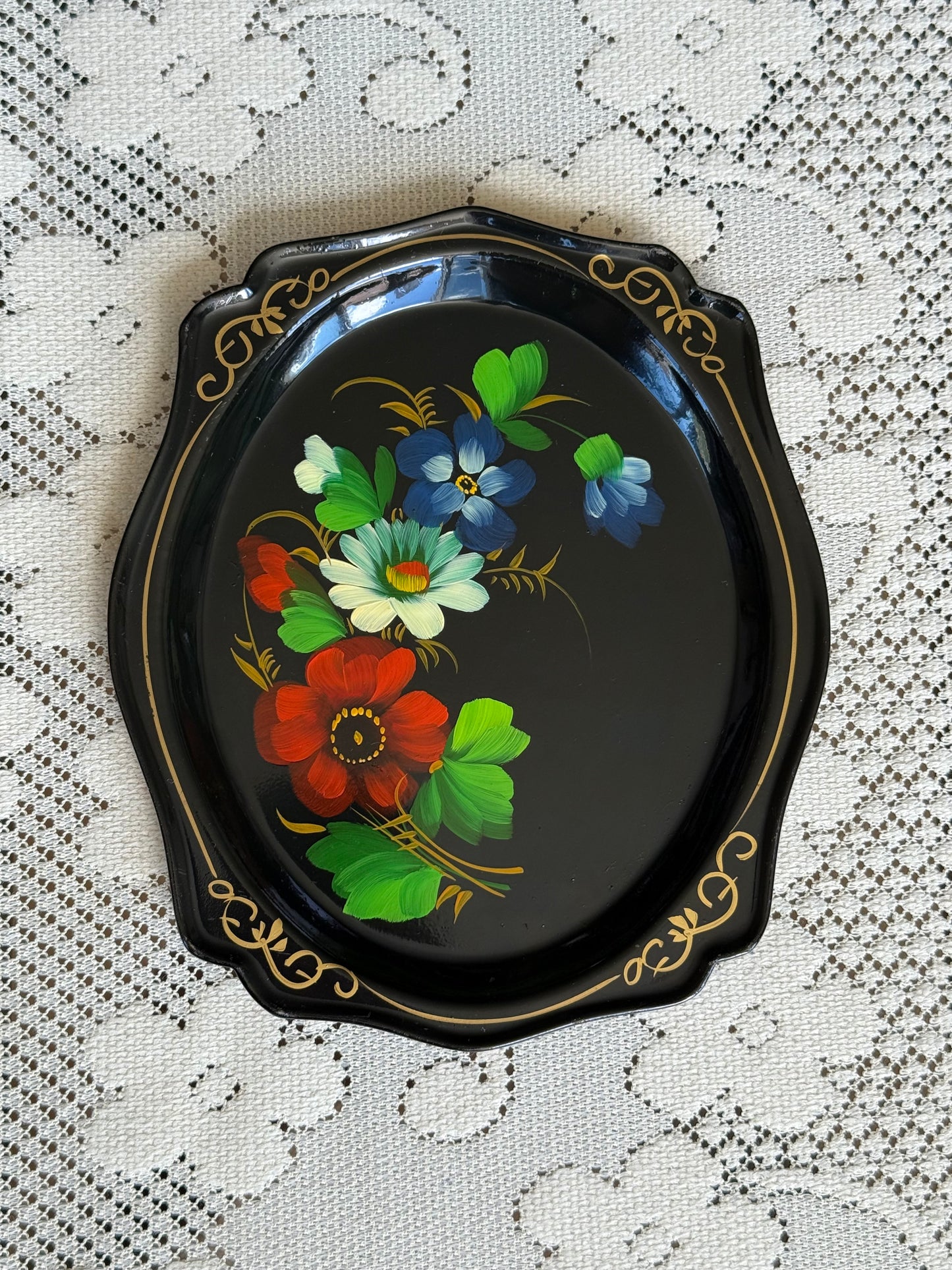 Petit plateau vintage en métal Llena (Yeha) fleurs peintes à la main #3
