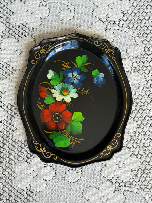 Petit plateau vintage en métal Llena (Yeha) fleurs peintes à la main #3