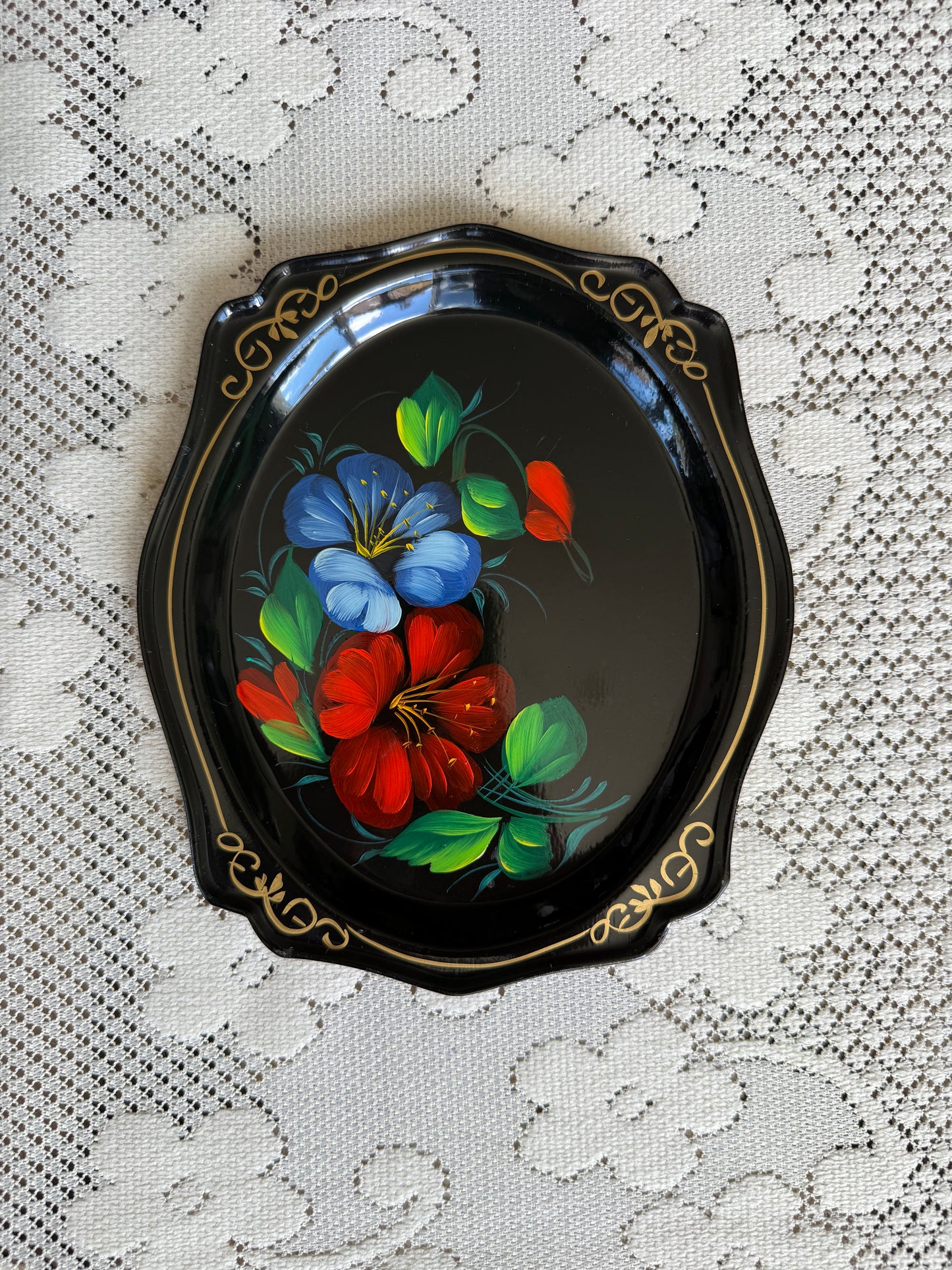 Petit plateau vintage en métal Llena (Yeha) fleurs peintes à la main #1