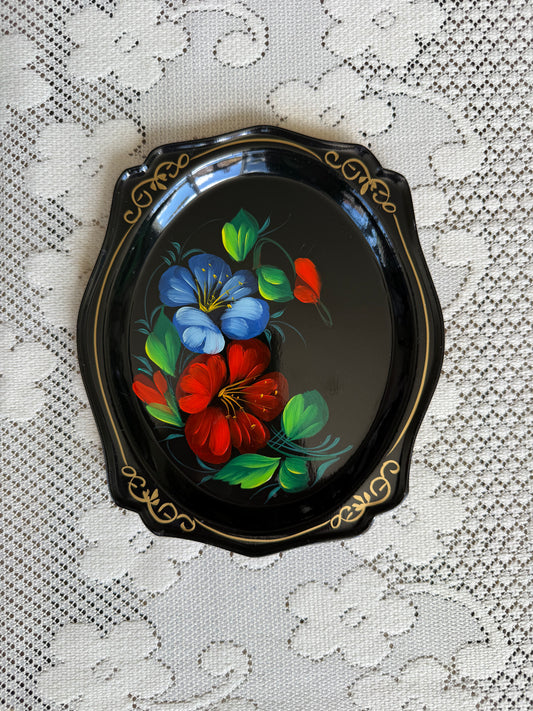 Petit plateau vintage en métal Llena (Yeha) fleurs peintes à la main #1