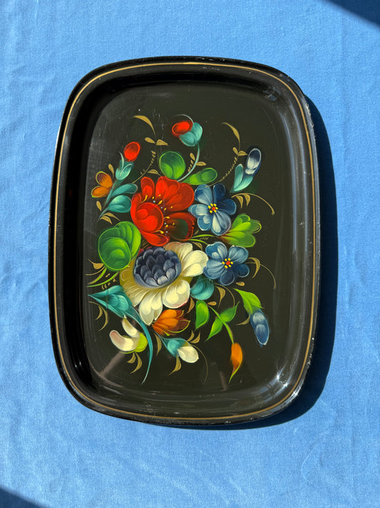 Plateau vintage rectangulaire en métal Llena (Yeha) fleurs peintes à la main
